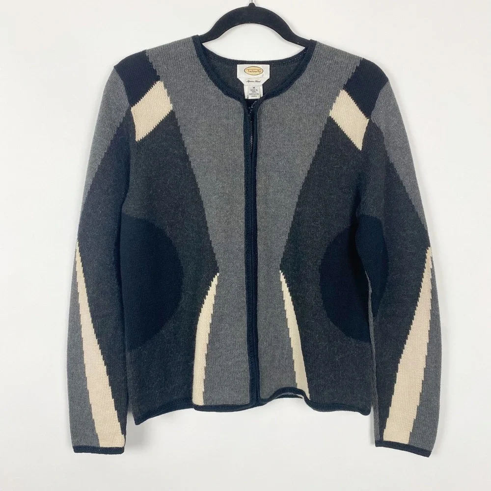 Vtg Talbots Alpaca Blend Geometric Intarsia‎ Full Zip Cardigan Sweater Women M